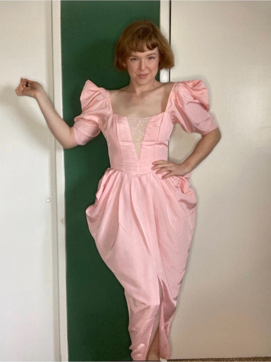 Vintage Dresses & Skirts - Vintage 80s Pink Puff-Sleeve Midi Dress
